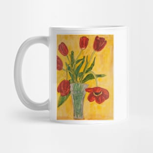 Red tulips  in vase on yellow background Mug